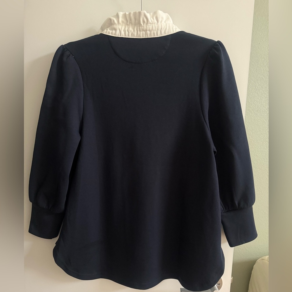 Pomander Place Tuckernuck Charlotte Ruffle Polo Top XS Navy - Picture 4 of 7